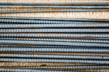 Deformed steel bars metal texture close up
