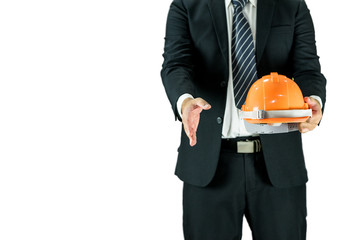 businessman hold safety helmet and wait to shake hand