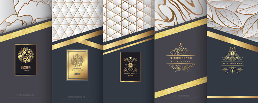 Collection of design elements,labels,icon,frames, for packaging,design of luxury products.Made with golden foil.Isolated on silver and marble background. vector illustration
