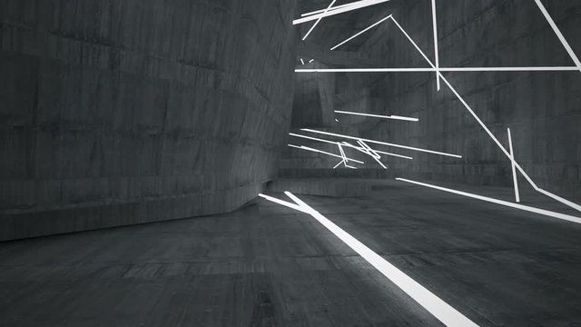 Empty dark abstract concrete room interior. Architectural background. Night view of the illuminated. 3D animation and rendering 