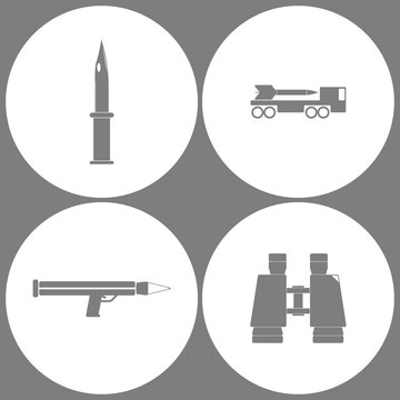Vector Illustration Set Office Army Icons. Elements of Millitary knife, missile system, grenade launcher and Binoculars icon