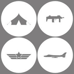 Vector Illustration Set Office Army Icons. Elements of Barracks, military tent, Submachine, Aviation wings and aircraft jet icon
