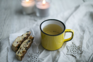 cup of tea with christmas cookies