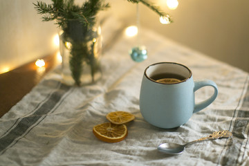 cup of tea with christmas bouquet