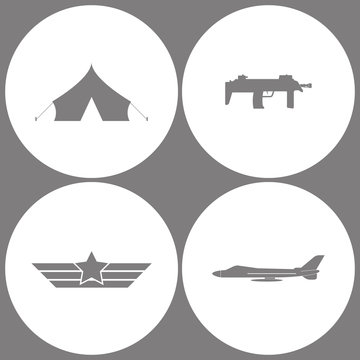 Vector Illustration Set Office Army Icons. Elements of Barracks, military tent, Submachine, Aviation wings and aircraft jet icon
