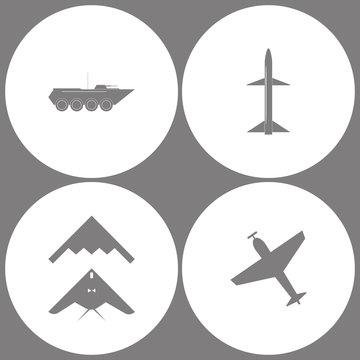 Vector Illustration Set Office Army Icons. Elements of Armored vehicle, Missile, stealth, bomber and Airplane with screw,plane silhouette icon