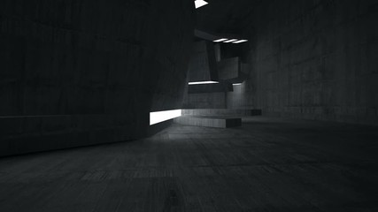 Empty dark abstract concrete room interior. Architectural background. Night view of the illuminated. 3D animation and rendering 