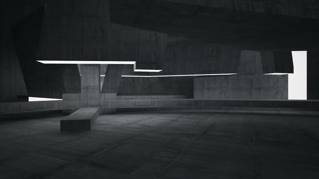 Empty dark abstract concrete room interior. Architectural background. Night view of the illuminated. 3D animation and rendering 