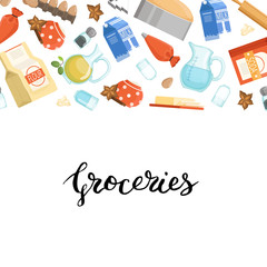 Vector cartoon cooking ingridients or groceries background illustration with lettering