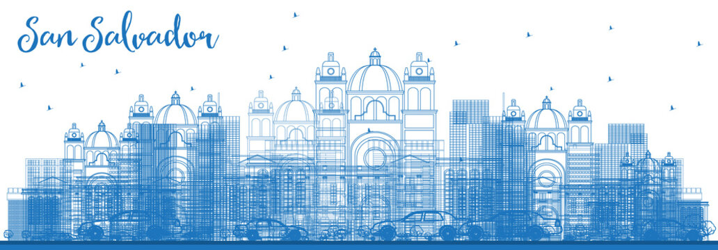 Outline San Salvador Skyline with Blue Buildings.