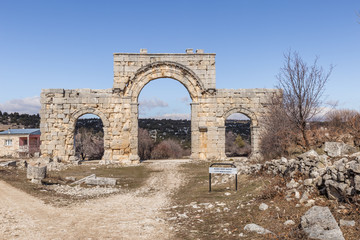 Marble City North Gate columns of Uzuncaburc Ancient city located in Uzuncaburc,Silifke,Mersin,Turkey.2