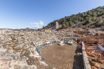 With blue sky,High resolution panoramic view of Amphitheatre at  Olba Ancient city located in Uzuncaburc,Silifke,Mersin,Turkey.