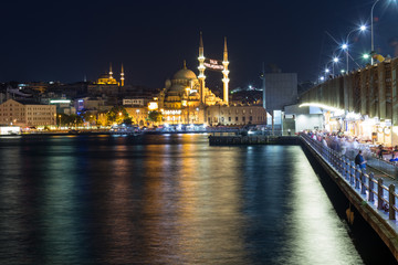 Fototapeta na wymiar Long exposure shot of Yeni(New) Mosque,Eminonu and Galata Bridge