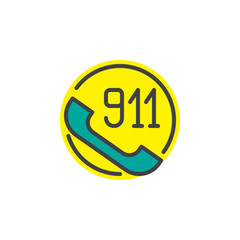 Handset with 911 filled outline icon, line vector sign, linear colorful pictogram isolated on white. Emergency number 911 call symbol, logo illustration. Pixel perfect vector graphics