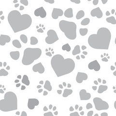 repeating pattern with grey paw print and coral hearts on white background - obrazy, fototapety, plakaty
