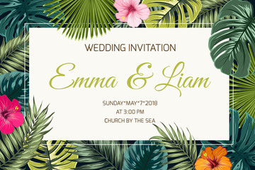 Wedding event invitation card template. Exotic tropical jungle rainforest bright green palm tree and monstera leaves hibiscus flowers border frame on dark background.