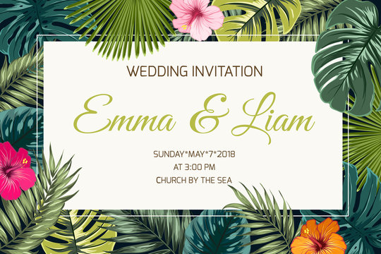 Wedding event invitation card template. Exotic tropical jungle rainforest bright green palm tree and monstera leaves hibiscus flowers border frame on dark background.