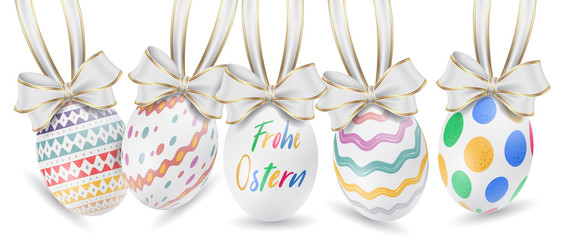 Bunte Ostereier. Frohe Ostern. Easter ornament elements hanging. Happy easter image vector. Modern Easter background with colorful eggs and gold hanging. Template Easter greeting card, vector.