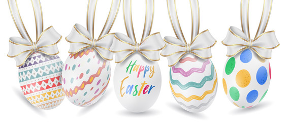 Easter ornament elements hanging. Happy easter image vector. Modern Easter background with colorful eggs and gold hanging. Template Easter greeting card, vector.