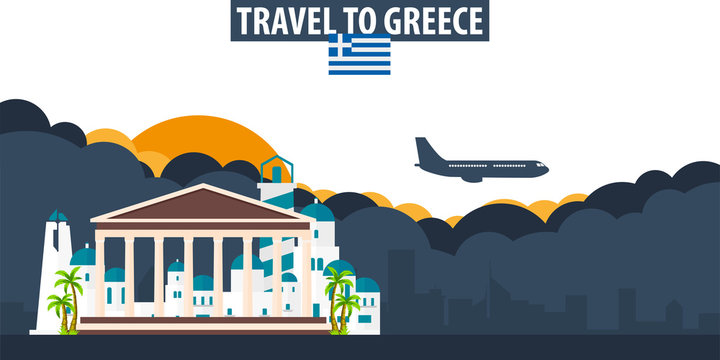 Travel to Greece. Travel and Tourism banner. Clouds and sun with airplane on the background.