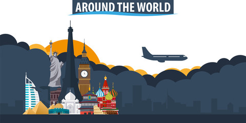 Around the World. Travel and Tourism banner. Clouds and sun with airplane on the background.
