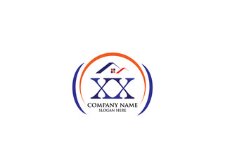 Initial logo XX with house icon and blue color, business logo and property developer