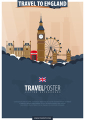 Travel to England. Travel and Tourism poster. Vector flat illustration.