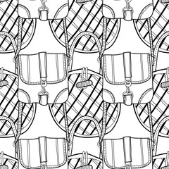 Fashionable handbags. Black and white seamless pattern of bags for coloring book.