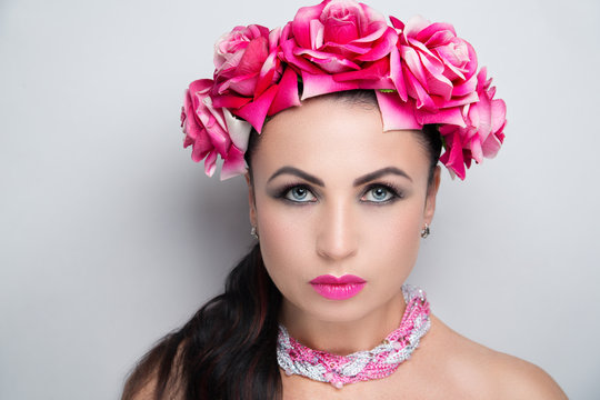 woman pink flower wreath bright make up