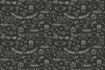 Seamless doodles Valentine's pattern. Cartoon romantic objects: heart, wings, branch with leaves bird, gift, lock, key, letter on black background. Love signs, design elements and symbols. Vector