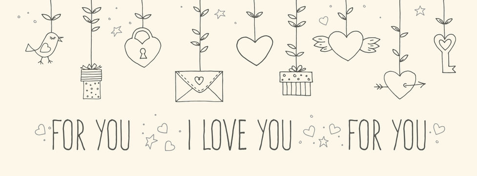 Love decorative vintage elements on white background. Hand drawn collection with heart, wings, branch with leaves, bird, gift, lock, key, letter and lettering. Doodle set, cartoon romantic objects