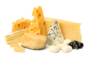 Variety of cheese isolated on white background. Different sorts of cheese.