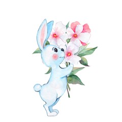  Rabbit and flowers. Watercolor illustration. Isolated on white background