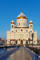 Fototapeta na wymiar Facade of Cathedral of Christ the Saviour in Moscow at sunny winter morning