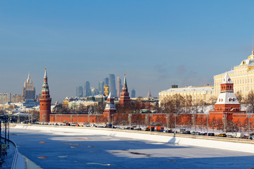 Moskva river near Moscow Kremlin on a sunny winter day. Moscow in winter