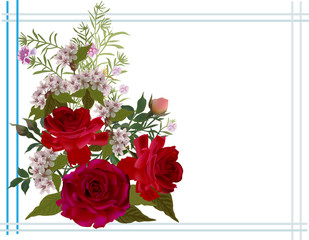 three large roses and small flowers in simple frame