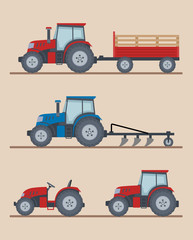 Set of farm tractors isolated on beige background. Heavy agricultural machinery for field work. Flat style, vector illustration. 
