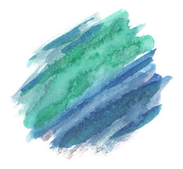 Diagonal blue and emerald green brush strokes painted in watercolor on clean white background