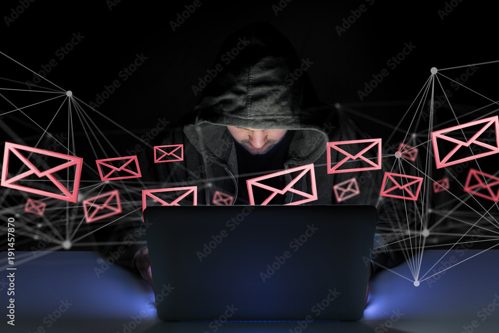 Poster hacker man in the dark using computer to hack data and information system
