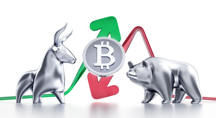 Bullish And Bearish Trends Of Bitcoin. Crypto-currency of Bitcoin in between of metallic statuettes of a bull and a bear in front of trending arrows. 3D rendering graphics on white background.