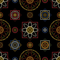 Cross stitch vector illustration. Bright seamless dark pattern background for floral napkins.