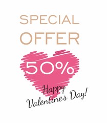 Valentines Day Sale banner with pink heart.  Special offer 