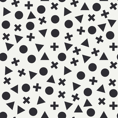 Abstract fashion flat seamless vector pattern with geometric figures triangle, circle, sphere, cross. Wrapping. Cartoon retro style background. Illustration and element for your design and wallpaper.