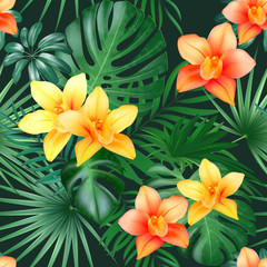Fototapeta na wymiar Tropical Palm Leaves and Orchid Flowers Background. Seamless Pattern in Vector
