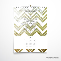 Vector illustration. Spiral calendar with golden foil zigzags. Frame reminds a gemstone faceting.  Realistic shadows
