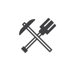 Crossed shovel and pickaxe icon vector, filled flat sign, solid pictogram isolated on white. Mining symbol, logo illustration.