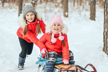 joyful children ride a sled in the winter forest