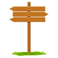 Wooden signboard arrow signpost isolated on white background. Sign and symbol to communicate a message on street or road, emblems of signages. Banner template with wood texture. Vector illustration