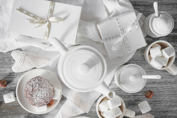 Teapot, cupcakes and different decorations