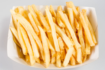french fries box in white carton box isolated on white